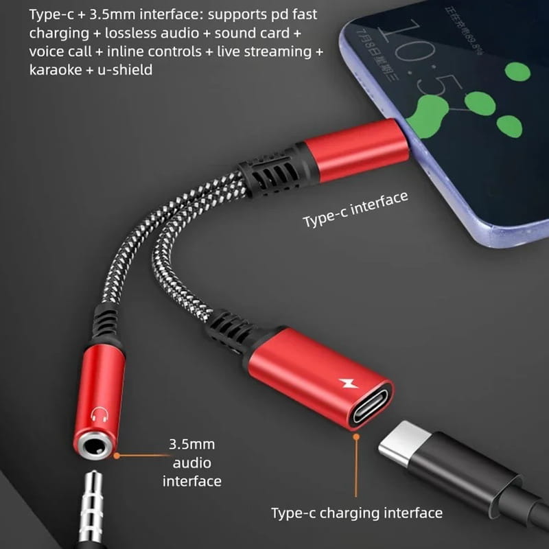 USB-C til 3,5 mm Audio Adapter med Hurtig Opladning – Oplad & Lyt Samtidig - Rød - Billede 4