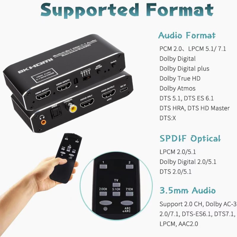 HDMI 2.1 Switch med lydudtræk (Audio Extractor) – ARC/eARC – 8K/30Hz & 4K/120Hz – Optisk & Coaxial lydudgang - Billede 5