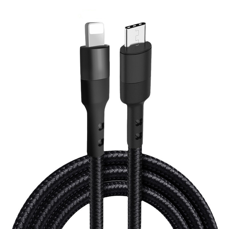 Flettet USB-C til Lightning-kabel. 9V, 20W hurtig opladning. Sort. 1 m.