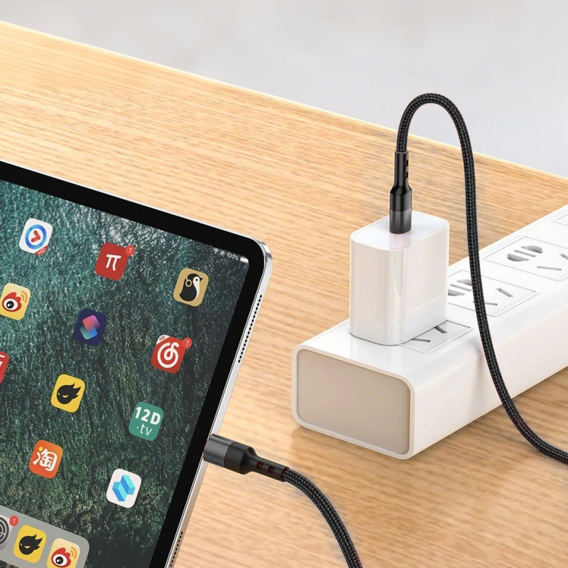 Flettet USB-C til Lightning-kabel. 9V, 20W hurtig opladning. Sort. 1 m. - Billede 4