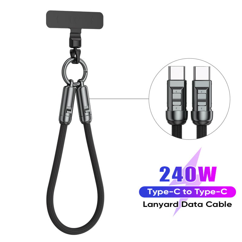 USB-C 240W PD Kabel med Hurtig Opladning og Mobilrem – Håndledsrem 30cm, Sort - Billede 6