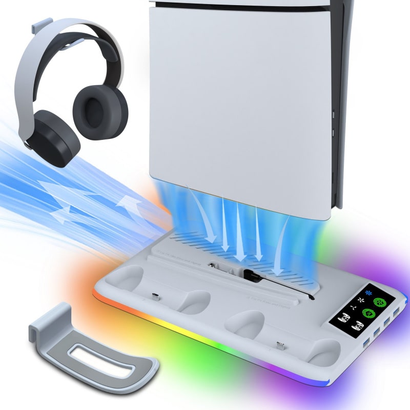iPlay RGB Cooling Stand til PS5, PS5 Slim & PS5 Pro – Plads til Controllere & Headset - Hvid - Billede 2