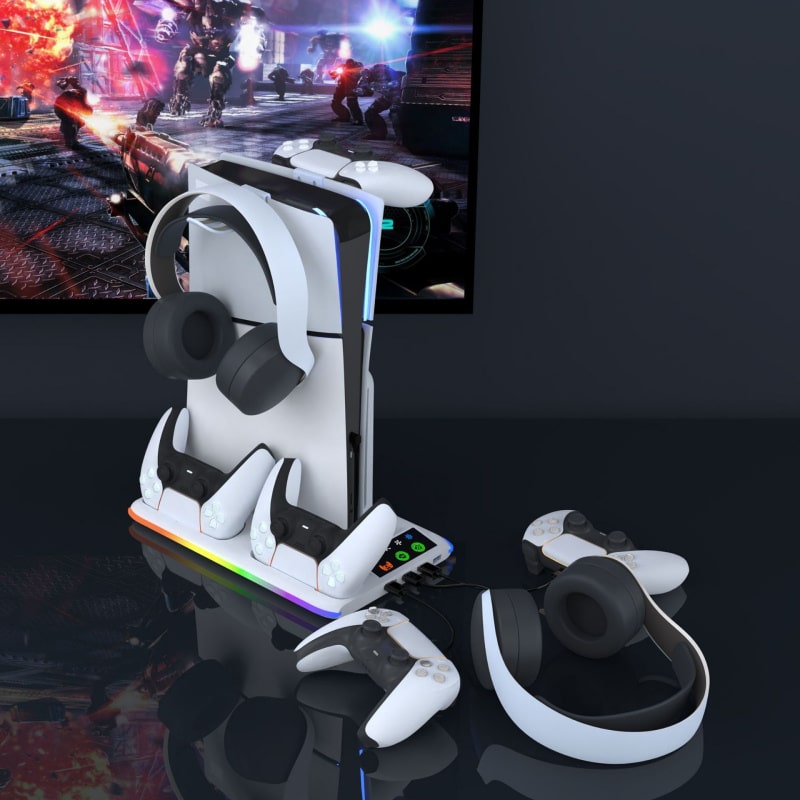 iPlay RGB Cooling Stand til PS5, PS5 Slim & PS5 Pro – Plads til Controllere & Headset - Hvid - Billede 3