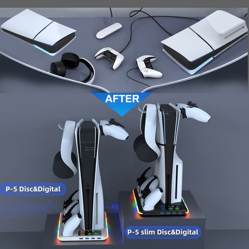 iPlay RGB Cooling Stand til PS5, PS5 Slim & PS5 Pro – Plads til Controllere & Headset - Hvid - Billede 4