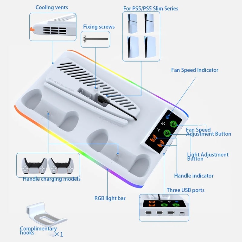 iPlay RGB Cooling Stand til PS5, PS5 Slim & PS5 Pro – Plads til Controllere & Headset - Hvid - Billede 7