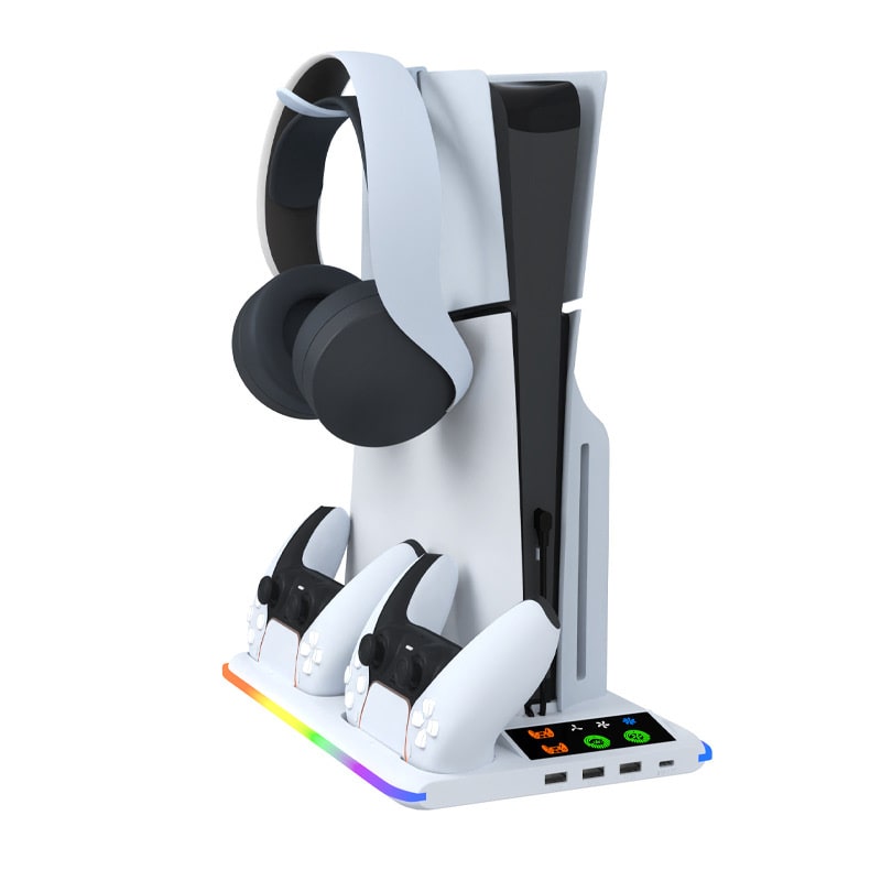 iPlay RGB Cooling Stand til PS5, PS5 Slim & PS5 Pro – Plads til Controllere & Headset - Hvid
