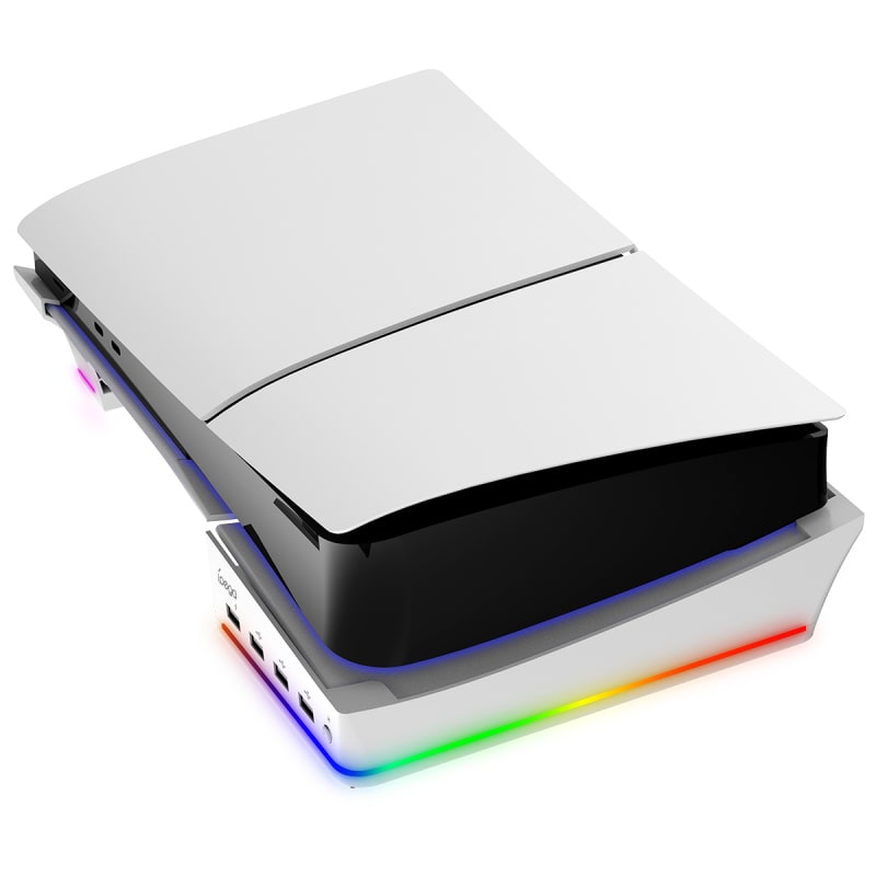 PS5 Slim & PS5 Pro USB Hub og Horisontal stander med cool RGB lys. iPega. Hvid