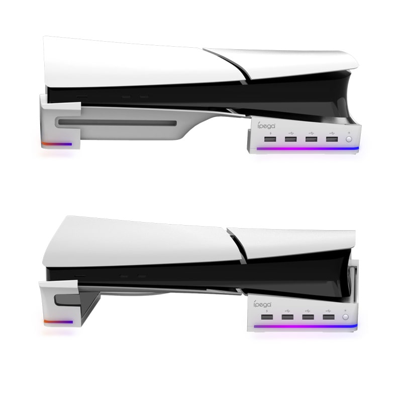 PS5 Slim & PS5 Pro USB Hub og Horisontal stander med cool RGB lys. iPega. Hvid - Billede 2