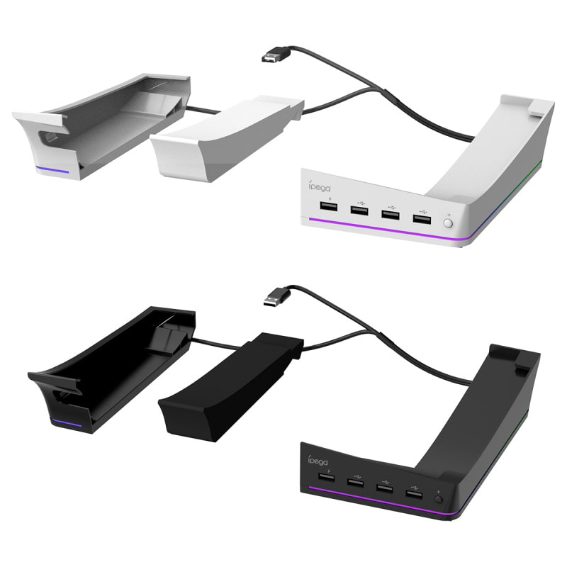 PS5 Slim & PS5 Pro USB Hub og Horisontal stander med cool RGB lys. iPega. Hvid - Billede 3