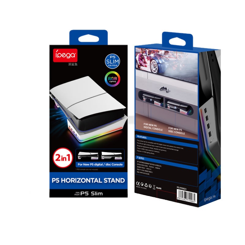 PS5 Slim & PS5 Pro USB Hub og Horisontal stander med cool RGB lys. iPega. Hvid - Billede 4
