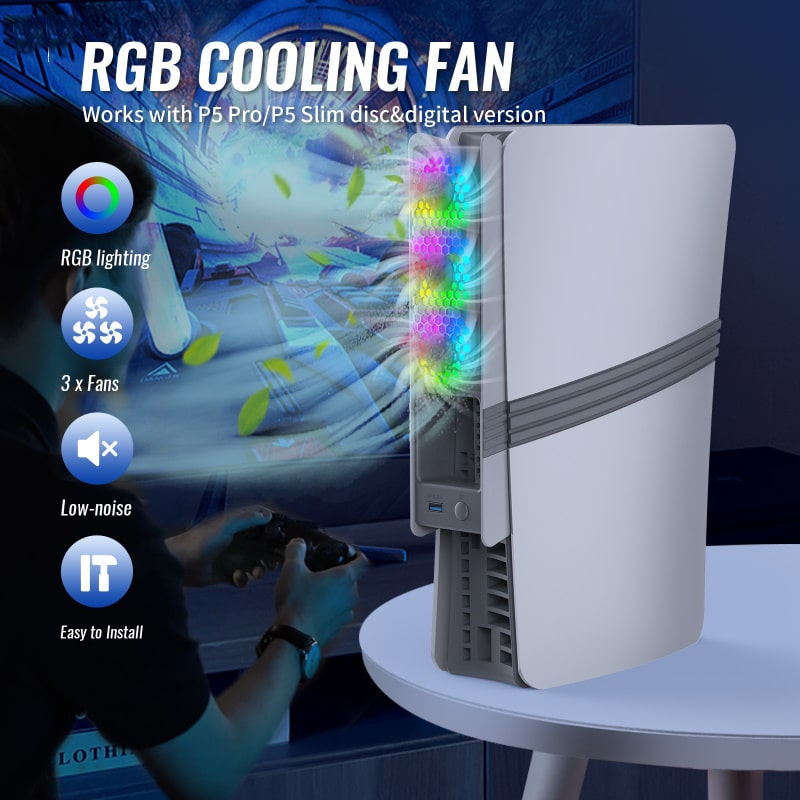 JYS USB-køler til PS5 Pro & PS5 Slim med RGB-lys. Retro Grå - Billede 10