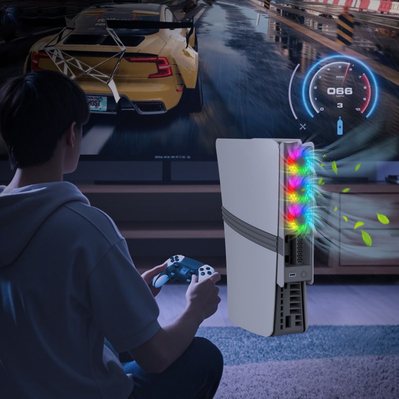 JYS USB-køler til PS5 Pro & PS5 Slim med RGB-lys. Retro Grå - Billede 3