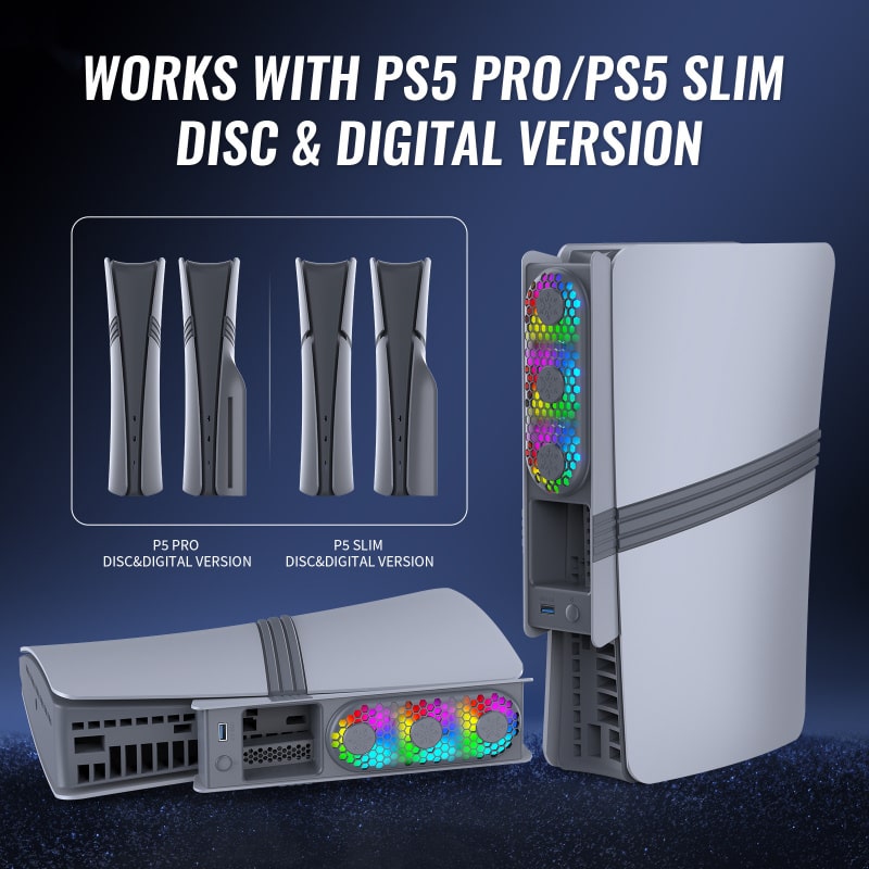 JYS USB-køler til PS5 Pro & PS5 Slim med RGB-lys. Retro Grå - Billede 4
