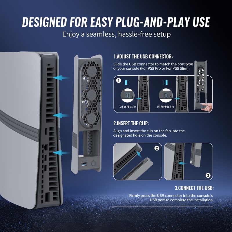 JYS USB-køler til PS5 Pro & PS5 Slim med RGB-lys. Retro Grå - Billede 5