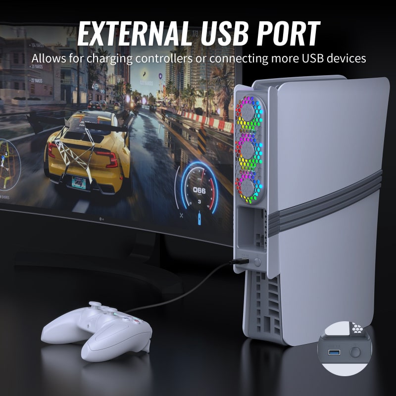 JYS USB-køler til PS5 Pro & PS5 Slim med RGB-lys. Retro Grå - Billede 6