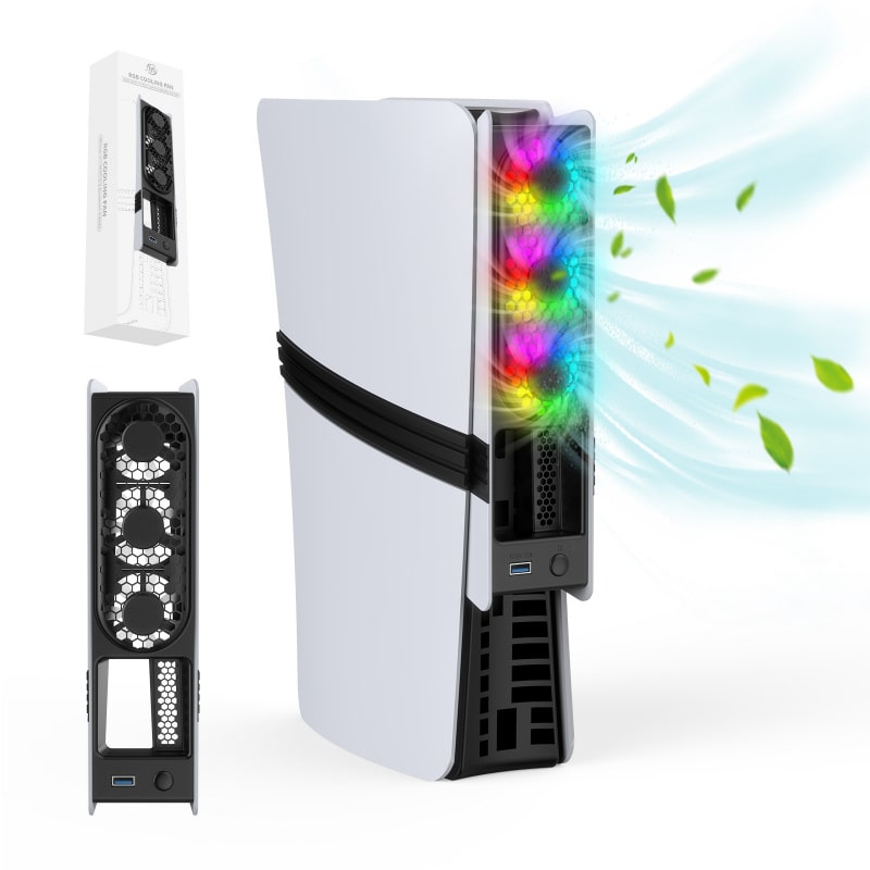 JYS USB-køler til PS5 Pro & PS5 Slim med RGB-lys. Sort