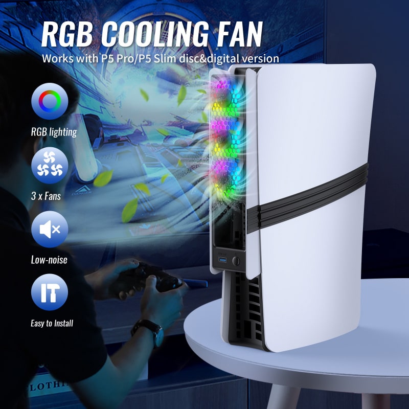 JYS USB-køler til PS5 Pro & PS5 Slim med RGB-lys. Sort - Billede 10