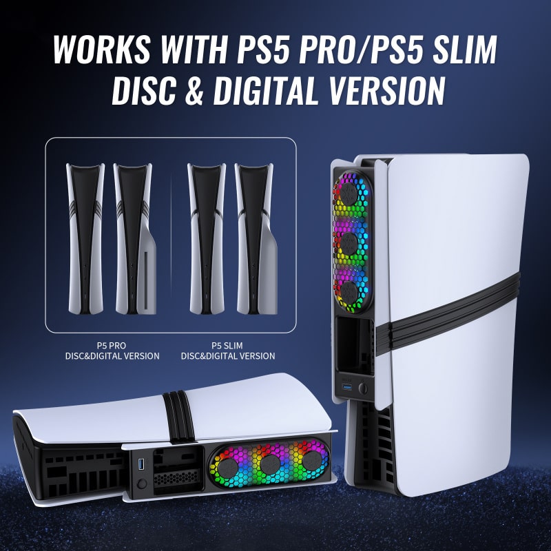 JYS USB-køler til PS5 Pro & PS5 Slim med RGB-lys. Sort - Billede 4