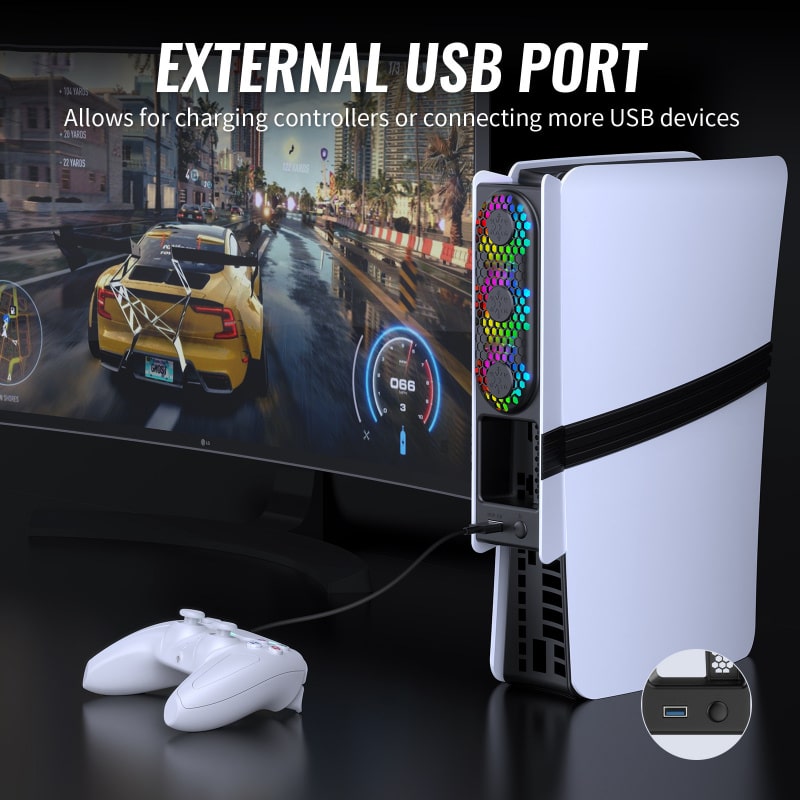 JYS USB-køler til PS5 Pro & PS5 Slim med RGB-lys. Sort - Billede 6