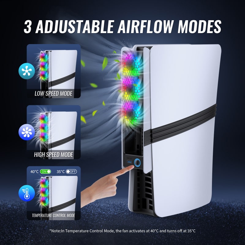 JYS USB-køler til PS5 Pro & PS5 Slim med RGB-lys. Sort - Billede 7