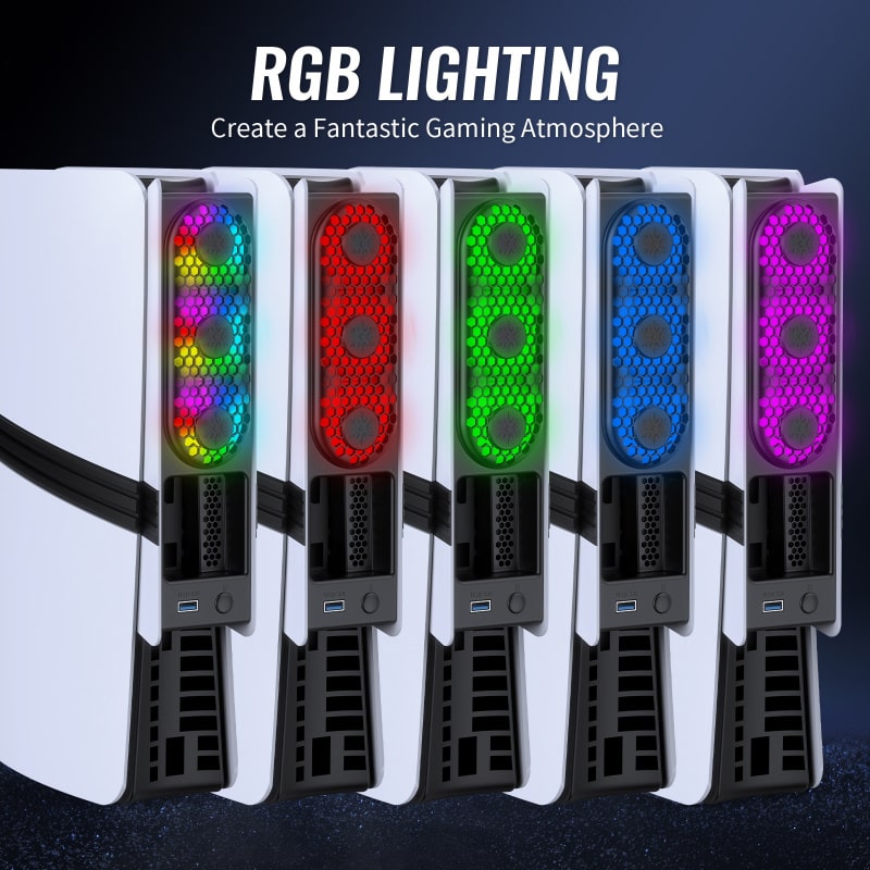 JYS USB-køler til PS5 Pro & PS5 Slim med RGB-lys. Sort - Billede 8