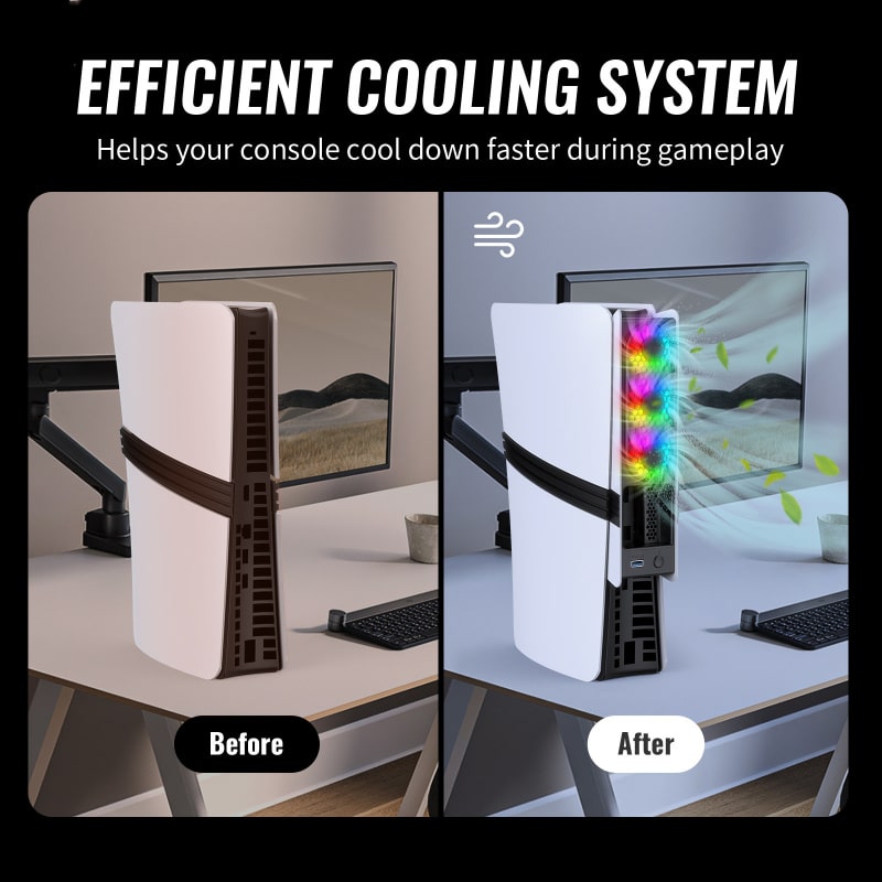 JYS USB-køler til PS5 Pro & PS5 Slim med RGB-lys. Sort - Billede 9