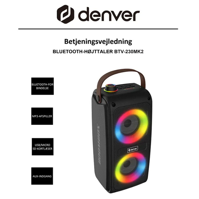 Denver BTV-230 Bluetooth Festhøjttaler med RGB LED Lys - Billede 5